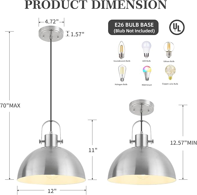 12 Inch Farmhouse Pendant Lights, Brushed Nickel Pendant Lighting for Kitchen Island, lndustrial Adjustable Height Hanging Light for Barn, Dining Room, 2 Pack