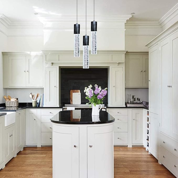 3 Lights Independent Kitchen Island Dining Room Lights Black Pendant Light Fixtures Linear Chandeliers 3 Pendant Lights for Kitchen Island Modern Pendant Light Fixtures, Day Light Bulbs Included