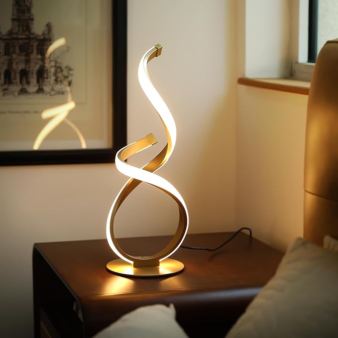 Bedside Table Lamp, LED Touch Dimmable Spiral Desk Lamp for Night Stands, 3 Color Temperature Modern Nightstand Light, Unique Side Light for Living Room, Bedroom, Gold