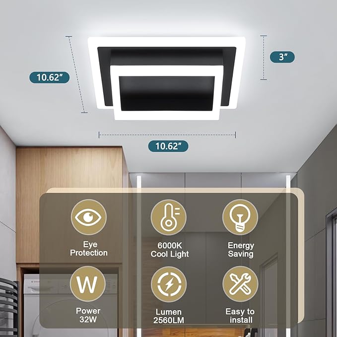 Modern LED Ceiling Light, Hallway Flush Mount Ceiling Light, 32W, 6000K, Black Square Hallway Lighting Fixtures for Living Room Kitchen Bedroom (Black) 2 Pack