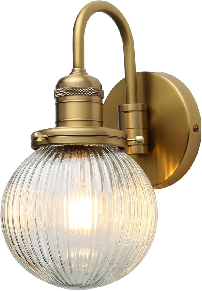 Industrial Vintage 1-Light Wall Sconce with 5.9" Round Ribbed Clear Glass Globe Lampshade, U-Shaped Indoor Wall Mounted Lamp Fixture for Bedroom Living Room Bathroom Vanity