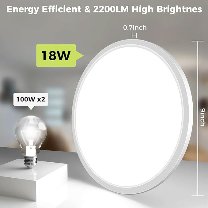 hepside 8Pack LED Flush Mount Ceiling Light Fixture, 9Inch 18W, Dimmable&3000K/3500K/4000K/5000K/6500K Adjustable Low Profile Ceiling Lights, Round Flat Ceiling Light for Closet,Kitchen,Hallway-White
