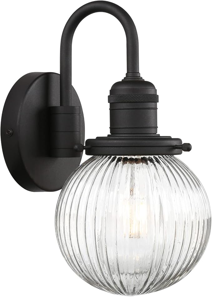 Yosoan 1-Light Brass Modern Vintage Indoor Wall Sconce, Vanity Single Luxury Hardwired Retro Textured Striped Globe Round Clear Glass Shade with Industrial Curved Rod Bathroom Lamp(Black)
