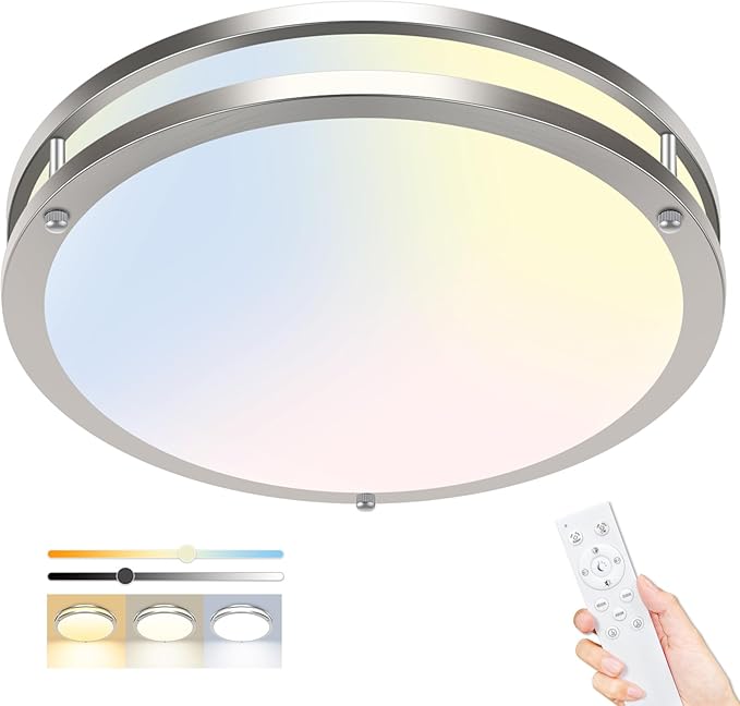 hepside Flush Mount LED Ceiling Light with Remote, Dimmable& 3000K-6500K Adjustable Ceiling Light Fixture, Timer, Night light, 16 inch Brushed Nickel Ceiling Lamps for Kitchen Bathroom Bedroom Hallway