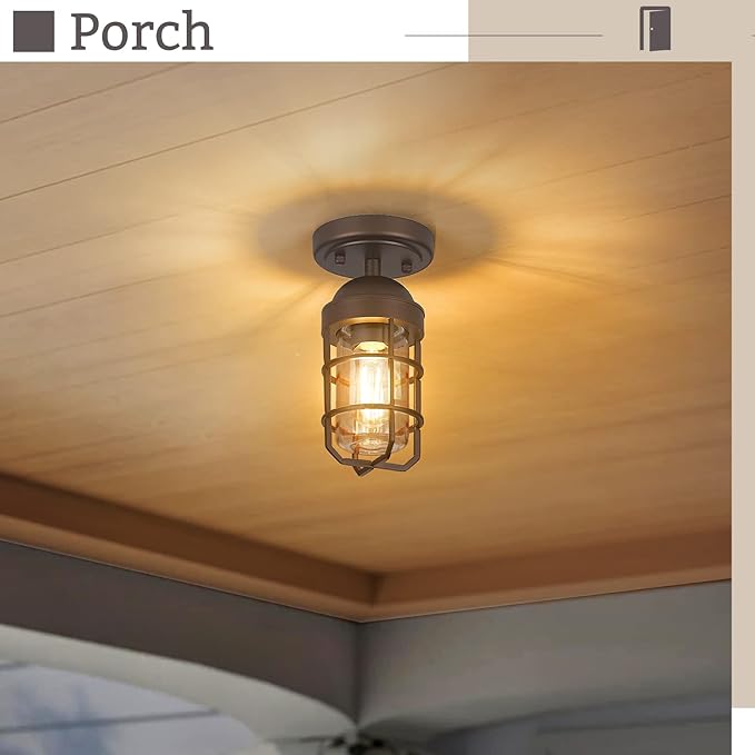 Emliviar 2 Pack Farmhouse Semi Flush Mount Ceiling Lights, Small Ceiling Lights for Porch, Clear Tempered Glass in Oil Rubbed Bronze Finish, GE255F-2PK ORB