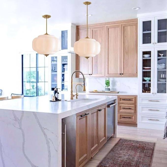 Opal Glass Pendant Light Vintage Schoolhouse Lighting Easy Change Bulb White Milk Glass Chandelier Traditional Gold Semi Flush Mount Ceiling Light for Bedroom Kitchen Dining Room