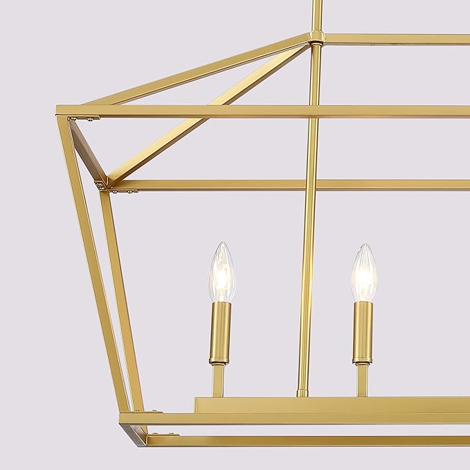 Untrammelife 5-Light Kitchen Island Pendant Lighting Gold Lantern Pendant Linear Chandelier Modern Rectangle Light Fixtures with Adjustable Rod for Dining Table Kitchen
