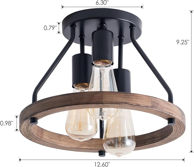 VILUXY Industrial Flush Mount Ceiling Light Fixture with Retro Wood Circle Shade for Hallway, Entryway, Bedroom, Balcony Passway 3-Light
