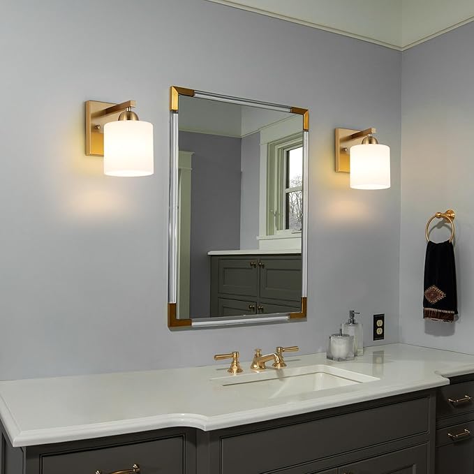 Mecgirn Gold Milk Glass Wall Sconces, 1 Pack Hardwired Indoor Wall Light Fixtures for Living Room, Hallway, Bedroom, Ceramic E26 Sockets (Bulbs Not Included)