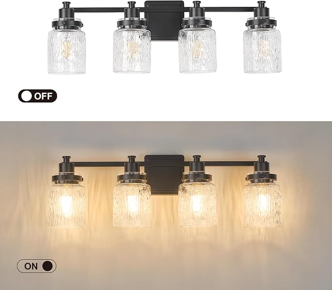 4 Lights Bathroom Light Fixtures Farmhouse Black Vanity Lights for Bathroom Lighting Fixtures Over Mirror with Hammered Glass Lampshade for Cabinet Mirror Bedroom Hallway