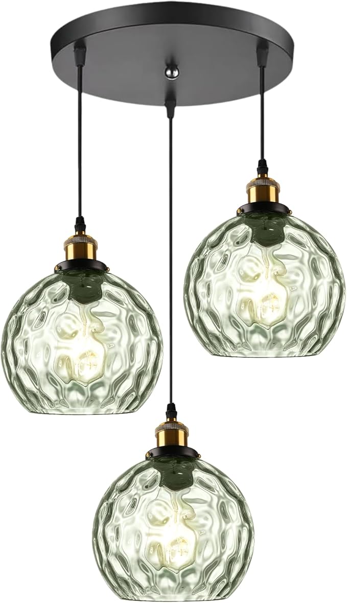 3-Light Pendant Lighting Green Hammered Glass Kitchen Light Fixtures Ceiling Hanging Kitchen Lights Over Island Mid Century Modern Globe Cluster Chandelier Black and Gold for Dining Room