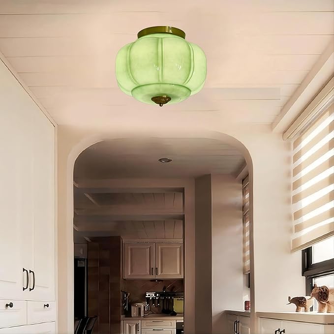 LIGHTLAND Milk Glass Ceiling Light, 15 Inch 3-Light Metal Glass Flush Mount Ceiling Light Fixture for Entryway, Hallway, Living Room, Bedroom (Style C, Green)