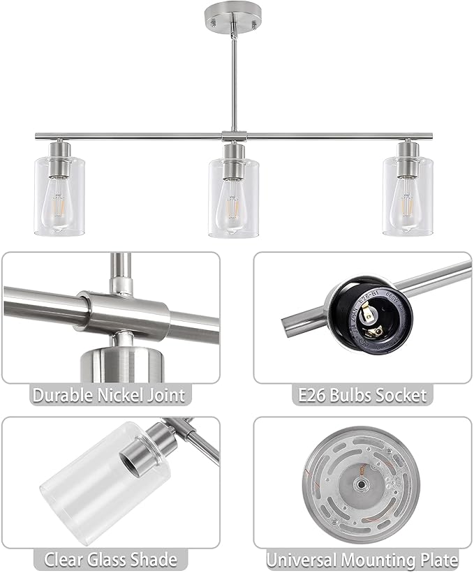 3 Lights Kitchen Island Lighting Brushed Nickel Pendant Light Fixtures with Glass Shade 31" Dining Room Chandeliers Adjustable Height Modern Linear Ceiling Hanging Light for Living Room, Foyer