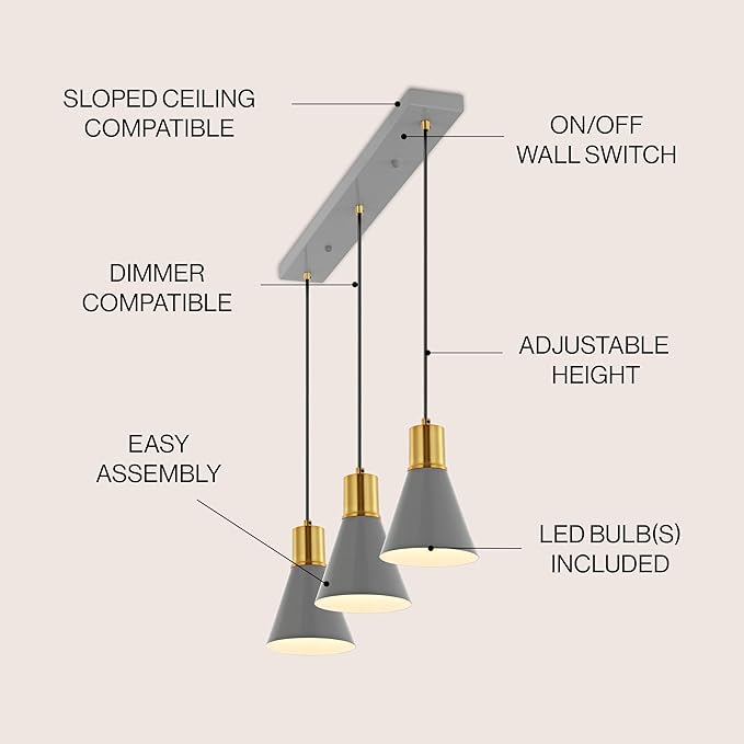 JONATHAN Y 33.5" Gray/Brass Gold Apollo Mid-Century Modern Iron LED Pendant, Black Metal Shade, Adjustable Hanging Ceiling Light for Kitchen Island, Hallway, LED Bulb Included (JYL6134C)