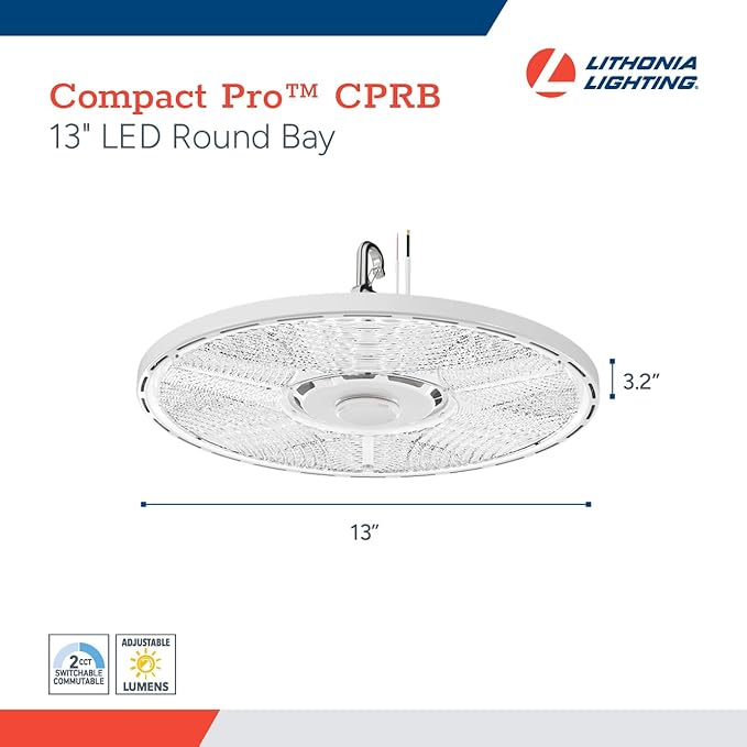 Lithonia Lighting Compact Pro Round LED High Bay Light, Ceiling Lighting Fixture, Adjustable 12000/15000/18000 Lumens, Selectable 4000K/5000K, UVOLT 120–347V, White (CPRB ALO13 UVOLT SWW9 80CRI DWH)