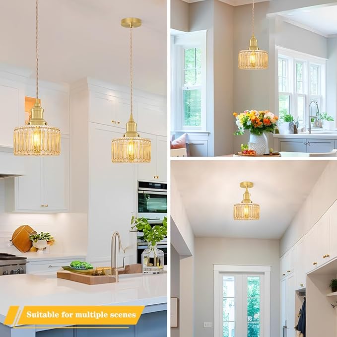 Vintage Pendant Light with Amber Striped Glass Lmapshade, Gold Pendant Lights Kitchen Island, Brass Kitchen Pendant Lighting over Island, Adjustable Hanging Light for Entrance Bathroom Dining Room