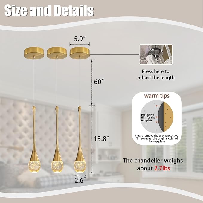ykolupty Modern Crystal Pendant Light LED Dimmable Crystal Ceiling Pendant Lighting for Kitchen Island Dining Room Hallway Bedroom (Gold 3 Pack)
