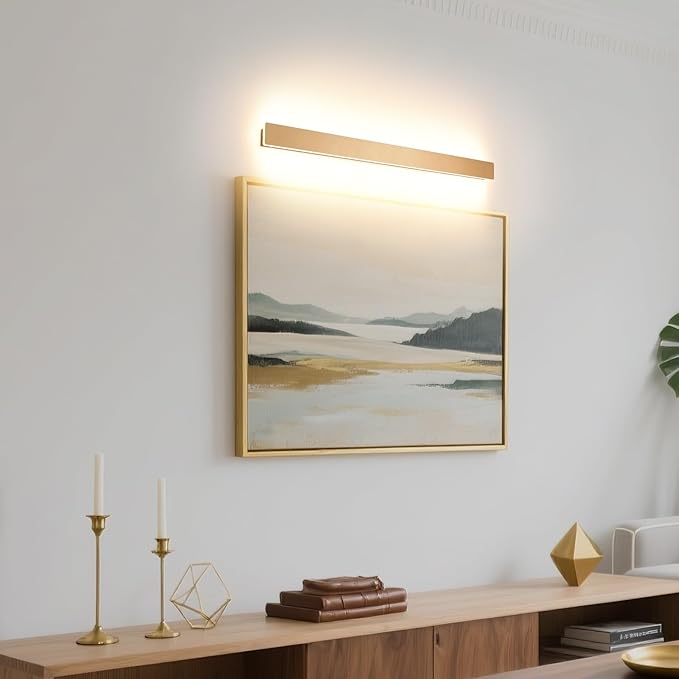 KELUOLY Modern Plug in Wall Sconces, 23.6 inch Frosted Gold LED Long Wall Lights, 12W Warm White 3000K Acrylic Indoor Wall lamp,with 59" Plug Cable for Bedroom, Living Room, Bathroom Makeup, Hallway