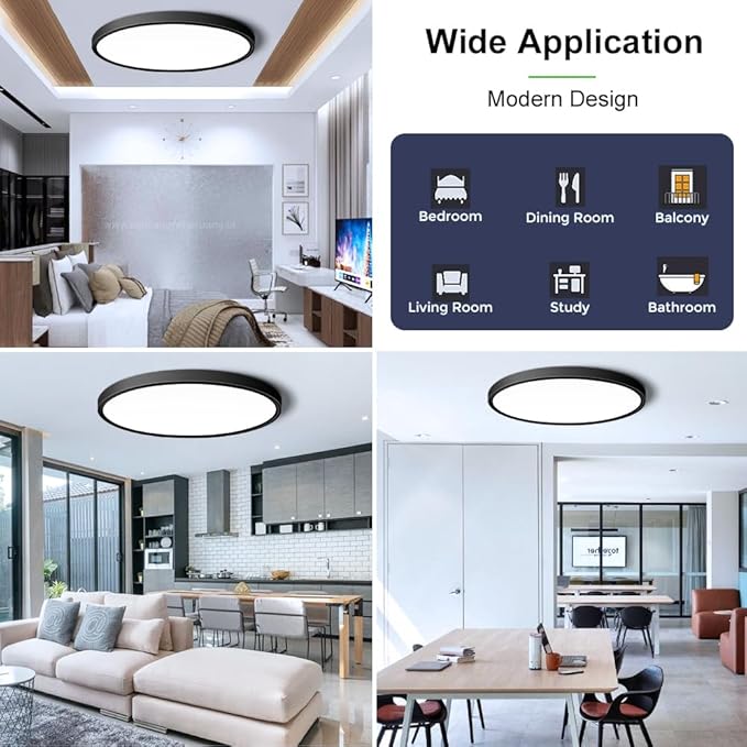 LightingWill 15.7 Inch Black Flush Mount LED Ceiling Light Fixture 32W, 6000K Daylight White, 3800LM, Flat Modern Round Closet Lighting Fixtures, Low Profile Ceiling Lamp for Bedrooms, Hallway .etc.