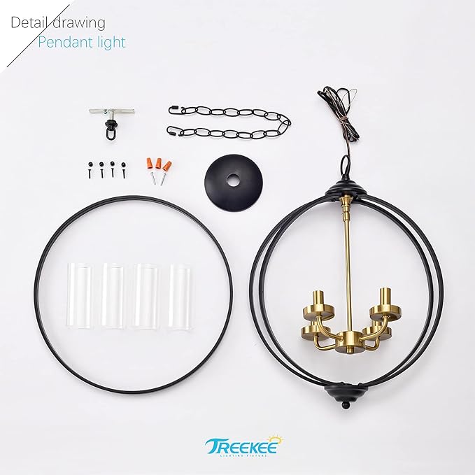 Treekee Rustic Chandelier, 17" Black and Gold Finish Glass Cover Luxurious Hanging Light, 4-Light Globe Vintage Pendant Ceiling Light Fixtures for Living Room Entry Way Dining Room