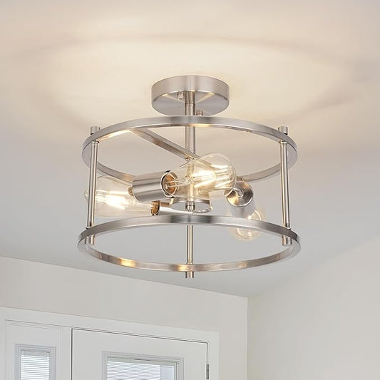 Semi Flush Mount 3-Light Modern Kitchen Light Fixtures - Brushed Nickel Metal Cage Ceiling Lights for Bedroom, Dining Room, Living Room, Hallway, Foyer