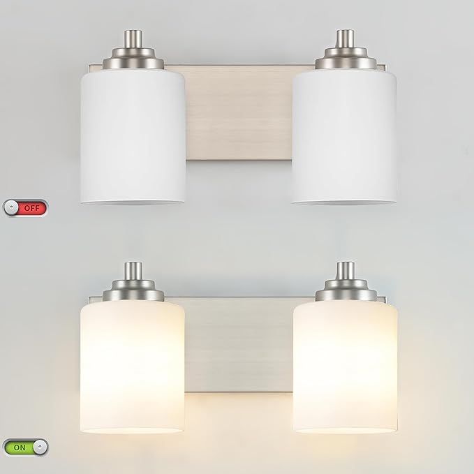 SOLFART Brushed Nickel 2 Light Vanity Lights for Bathroom, Milky Glass Shade Vintage Wall Sconce, Modern Bathroom Light Fixture Over Mirror, Easy to Install High-End Vanity Light (Bulbs Not Included)