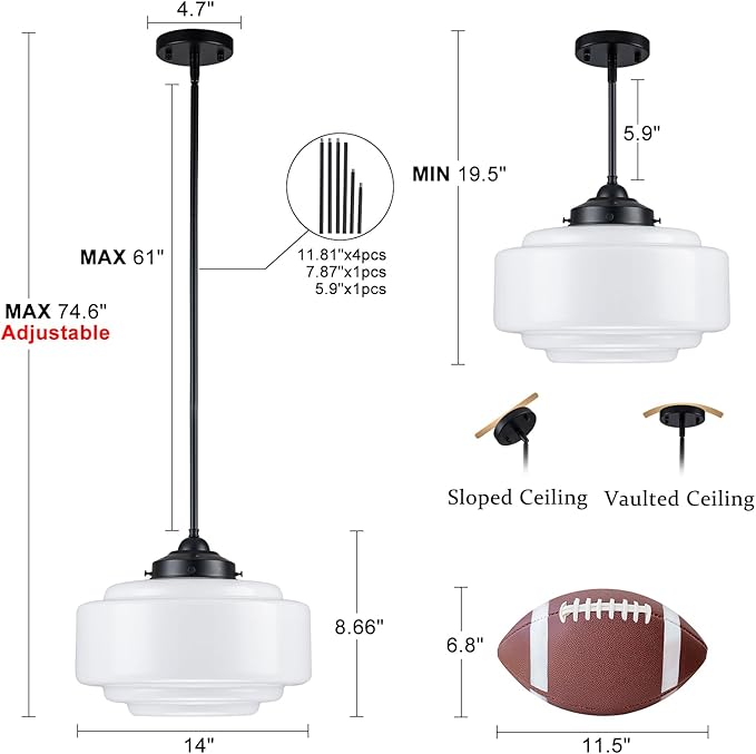 Schoolhouse Pendant Light, 14" Mid Century Pendant Lighting Fixture Vintage Milk Glass Chandelier with Black Metal for Dining Room Kitchen Island Bedroom Hallway, Adjustable Height (E26)