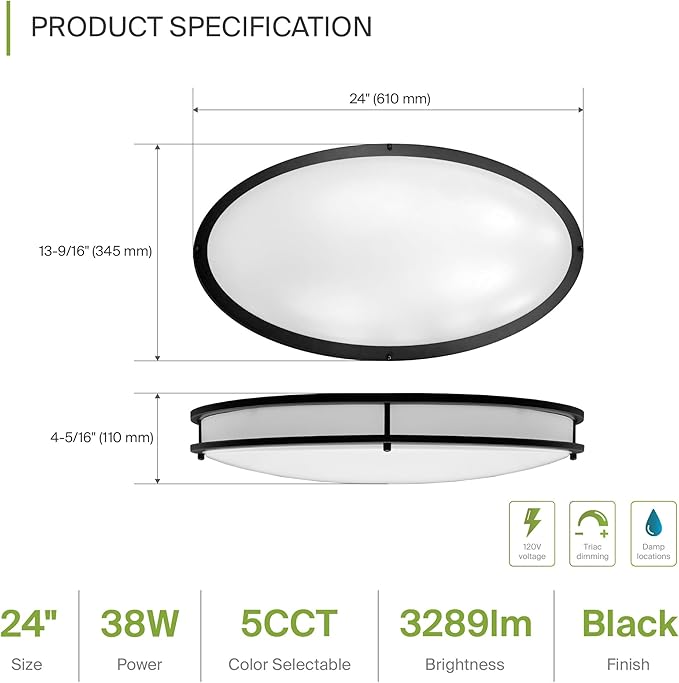ASD LED 24" Oval Flush Mount Lighting, Close to Ceiling Light Fixture | 5CCT, Dimmable, ETL Listed | 38W 3289LM 2700-5000K 120V | Low Profile Double Ring Lamp | Black