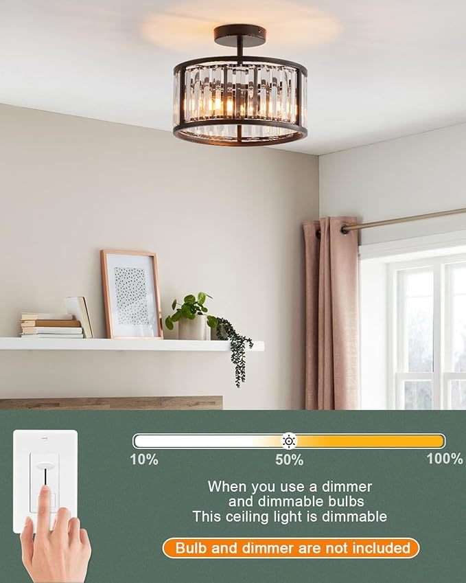 Black Flush Mount Ceiling Light, 2- Light Caged Crystal Chandelier, Small Drum Hallway Light fixtures Ceiling Mount (Black)
