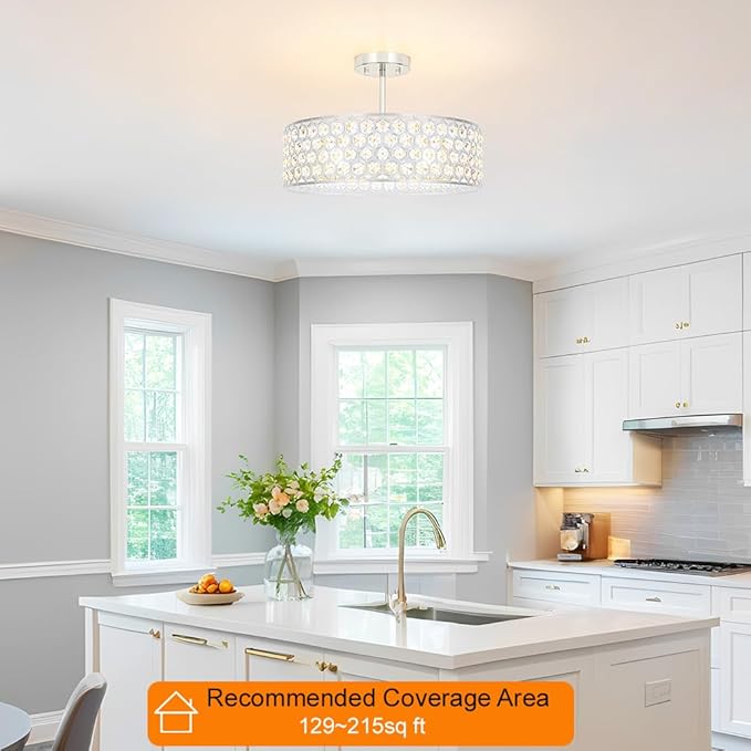 Chrome Crystal Ceiling Light Fixture - Modern Semi Flush Mount Ceiling Chandelier Lighting for Kitchen, Dazzling Prism Chandelier for Bedroom, Bathroom, Dining Room, 5 Light, 16 in
