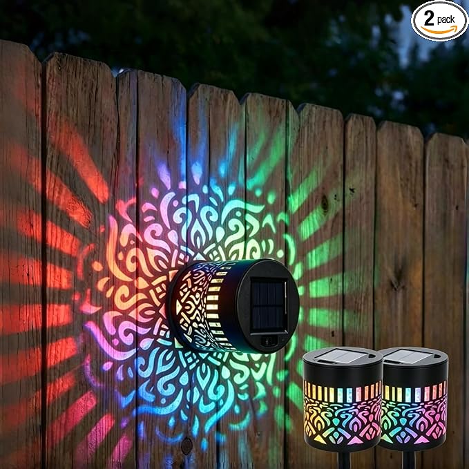 Decorative Solar Mandala Lights, Metal Solar Powered Outdoor Wall Lights Solar Powered Deck Step Stair Lights, Waterproof Mandalas Fence Light for Garden Post Patio Backyard Yard Decor (2, Flower)