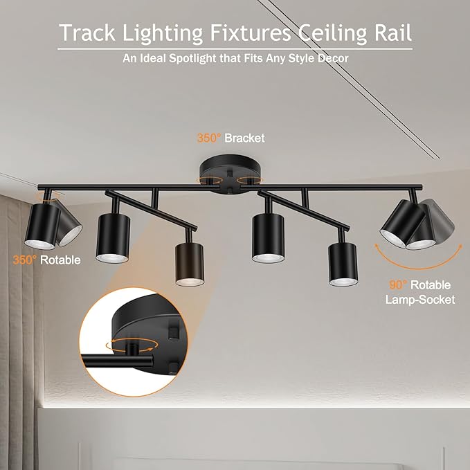 BoostArea 6 Light Track Lighting Kit, Black 6 Way Ceiling Spot Lighting, Center Swivel Track Light Heads, Flexibly Rotatable Light Head for Kitchen, Living Room, Bedroom, GU10 Bulb Not Included
