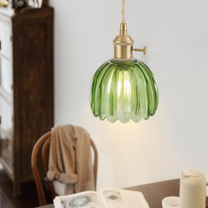 Plug in Pendant Light Fixtures, Hanging Light Fixture Vintage Glass Pendant Light, Mini Green Tulip Hanging Lamp, Pendant Lighting for Kitchen Island, Bedroom, Dining Room, Living Room