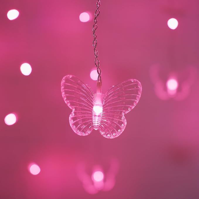 Butterfly Curtain Fairy Lights, 120LED Pink Twinkle String Lights with Romote, 8 Modes USB Powered Christmas Lights for Wedding, Bedroom, Party Decoration