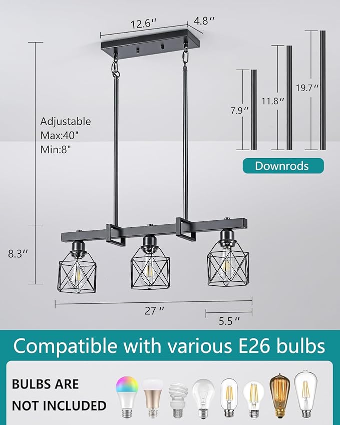 3-Light Farmhouse Kitchen Island Lighting Black Hardware and Black Metal cage Frame Design Rustic Vintage Pendant Ceiling Light Suitable for Dining Rooms and Living Rooms