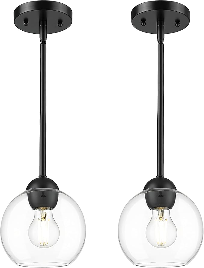 Emak 7 Inch Globe Pendant Light, Matte Black Pendant Light Fixtures with Clear Glass, 1-Light Hanging Lights for Kitchen, Bathroom, Bedroom, Hallway, 2 Pack, PL119-BK-2PK