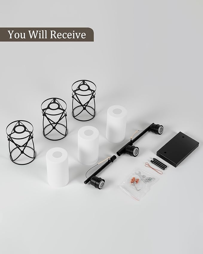 3-Light Black Bathroom Light Fixtures with Milk White Frosted Glass, 21" Modern Bathroom Vanity Lighting Fixtures Over Mirror with Metal Cage, Wall Sconce Lights for Bath, E26, CH9176BKW-3W