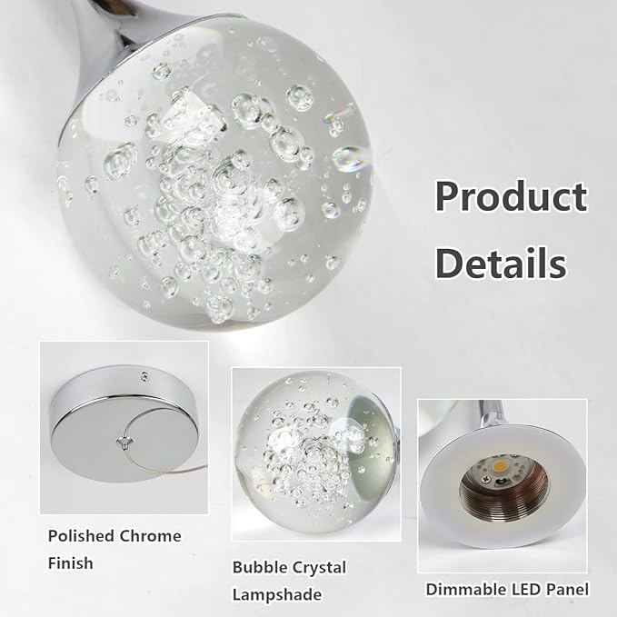 Modern Crystal Pendant Lighting for Kitchen Island Chrome Mini Globe Chandelier Bubble Crystal Dimmable LED Hanging Light Fixtures for Bedroom Bar Bathroom 2-Pack, 3000K