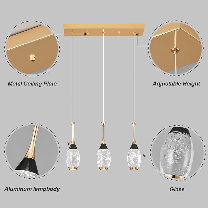Modern Black Gold Pendant Light Dimmable LED Ceiling Light Fixtures Mini Teardrop Crystal Pendant Lighting for Kitchen Island Bedroom Hallway Entryway (3 Light，Champagne Gold)