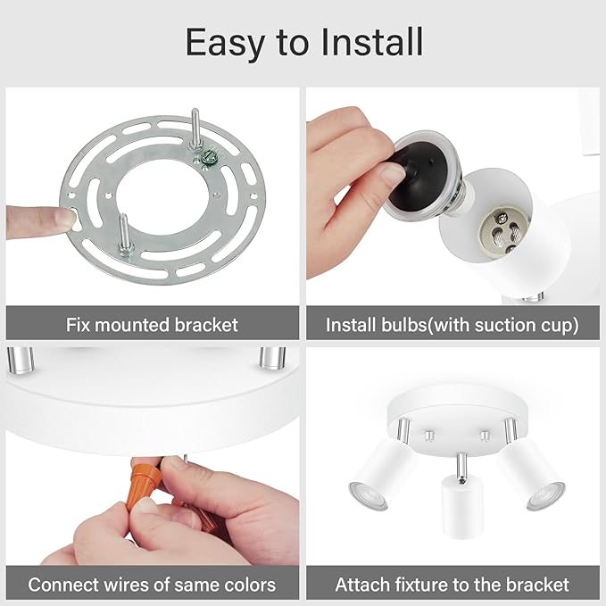 LED 3 Light Track Lighting Kit, LED Track Lighting Fixtures, White Round Ceiling Spot Lighting, Flexibly Rotatable Light Head for Kitchen, Living Room, Bedroom, GU10 Bulb Not Included
