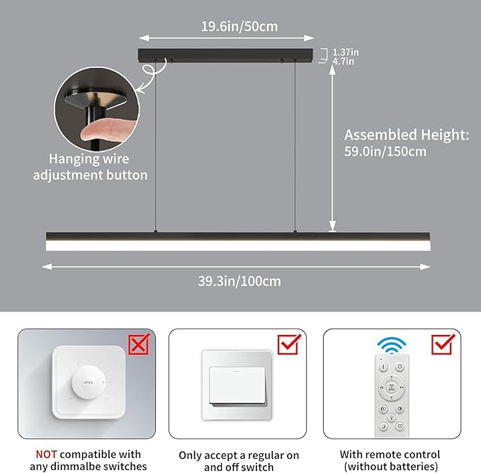 Modern Linear Pendant Light, 39IN Modern Chandelier with Remote Control 3000k-6500K Adjustable Color Temperature，Aluminum Island Lighting Lamp for Dining Room, Living Room