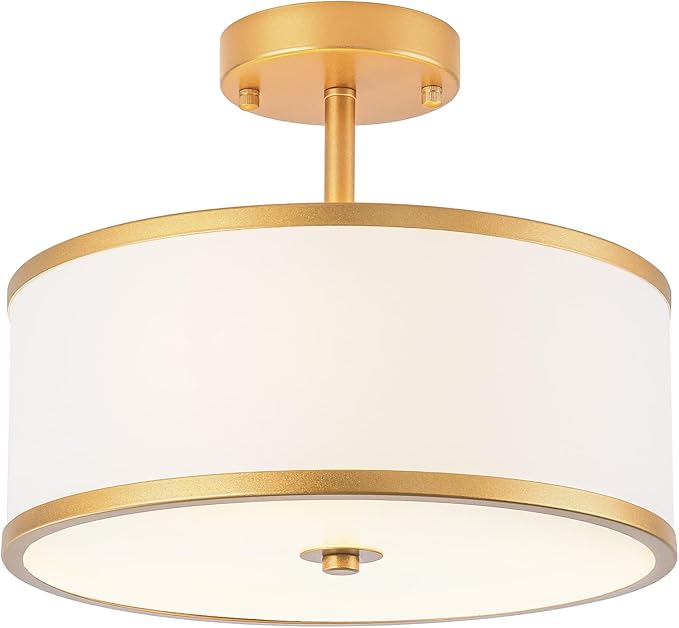 Bargeni Semi Flush Mount Ceiling Light,12.5 Inch Drum Ceiling Light,Antique Brass Finish Flush Mount Light Fixture with Fabric Shade,Modern Close to Ceiling Light Fixtures for Bedroom,Living Room