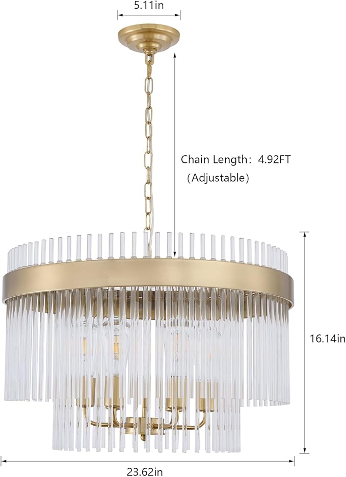 Dijiahua Modern Gold 23.6”Round Chandelier for Dining Room,6-Light Pendant Lights Kitchen Island 1 Pack,2-Tiers Luxury Brushed Brass Adjustable Cord Ceiling Hanging Lamp for for Entryway Living Room
