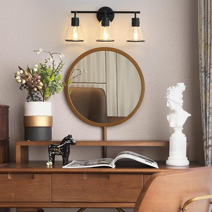 Black Bathroom Vanity Light 3 Lights Bathroom Light Fixtures Over Mirror Vanity Lighting Fixtures with Clear Glass Shade 22 inch Modern Vanity Lights for Bathroom Wall Sconce Lights for Bedroom