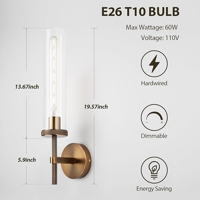 19.5" Knurled Bronze Wall Sconces Set of 2, Bathroom Vanity Light Fixtures with Clear Glass Tube, Modern Lamp Lighting for Bedroom, Living Room, Hallway, Staircase, Mirror, Kitchen