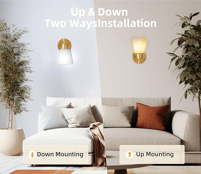 Wall Light Fixtures, 2-Pack Brushed Gold Vanity Lights with Milk Glass Shade, Modern Farmhouse Wall Sconces for Gallery, Mirror, Bedroom, and Bathroom,1 Light