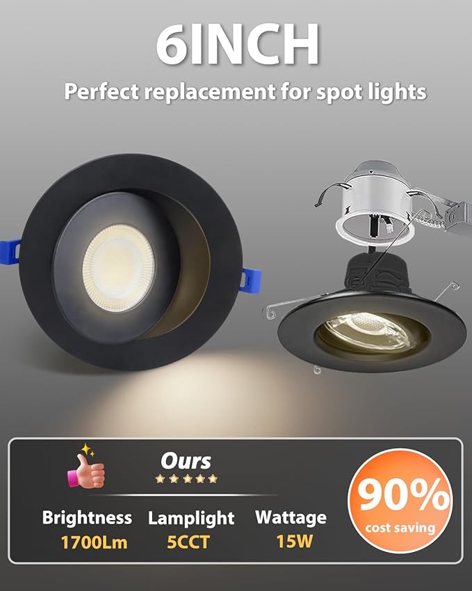 Adetu 6 inch 5CCT Gimbal Black Led Recessed Lights, 360°+90° Adjustable Directional Recessed Lighting, 2700K/3000K/3500K/4000K/5000K Dimmable Eyeball Canless Downlight with Jbox, ETL(Black,8 Pack)