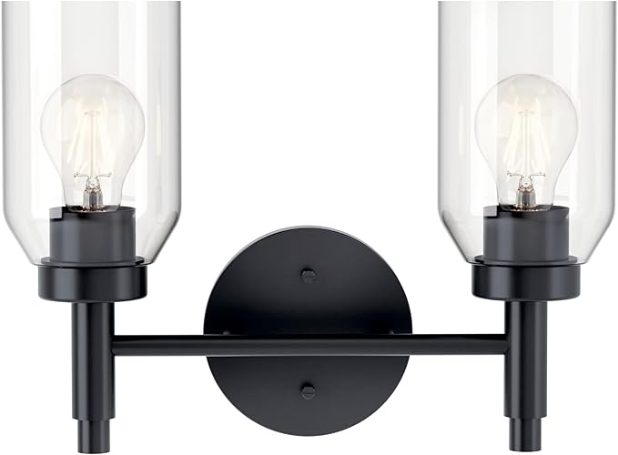 Kichler Madden 2-Light Bathroom Vanity Light Fixture with Clear Glass in Black, Modern Wall Mount Over Mirror for Single or Double Vanity (10.5" x 14.25"), 55184BK