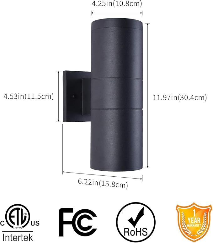 mirrea Modern Outdoor Porch Light Patio Light in 2 Lights with Matte Black Aluminum Cylinder and Tempered Glass Cover Waterproof Wall Sconce 4 Pack
