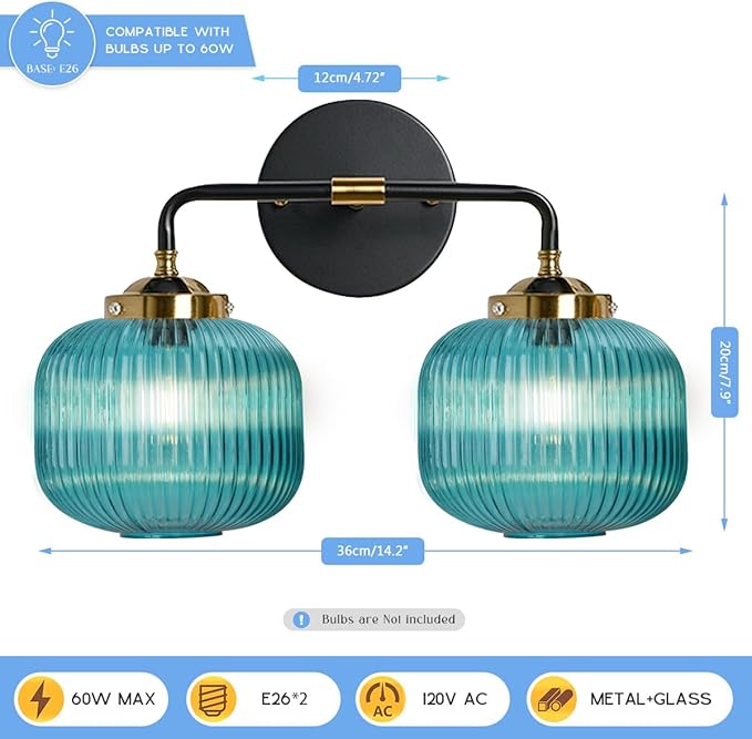 Bathroom Mirror Vanity Light Fixture 2 Lights Blue Globe Shade Vintage Glass Wall Light fixtures Black Gold Bathroom Lights Modern Retro Wall Sconce for Above Kitchen Sink Bedroom